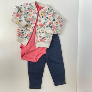 Carter’s 3-piece Zip Up Floral Jacket Set w/ Pink Onesie & Jegging Pant size 12M